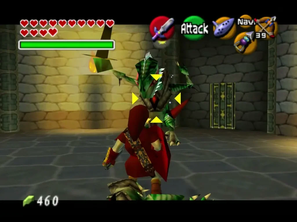 Link locked on to a Dinolfos in a yellow-lit hall of Ganon's Castle