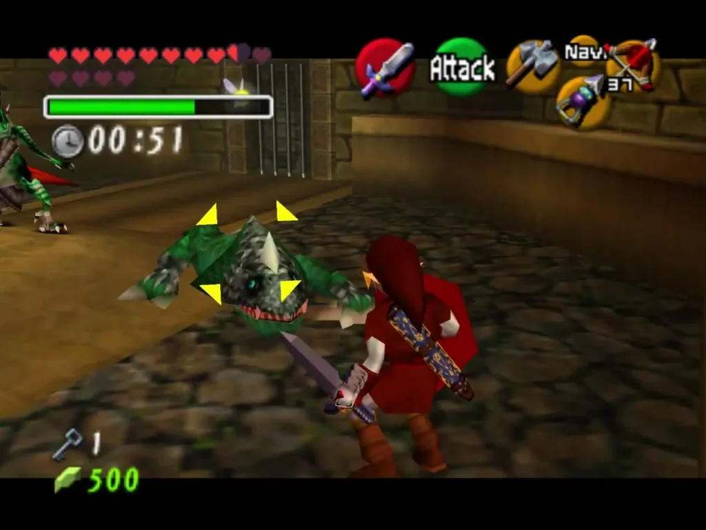 Link slashing a spiky-headed Dinolfos in a stone room with a countdown timer running