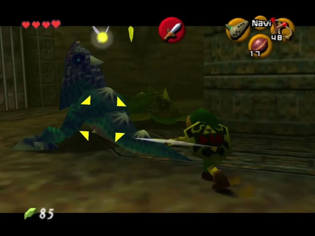 Link striking a blue Dodongo that has been locked on in Dodongo's Cavern