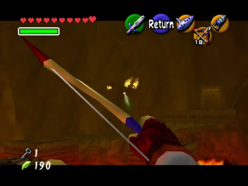 Fire Keese flying over lava while Link aims the Fairy Bow