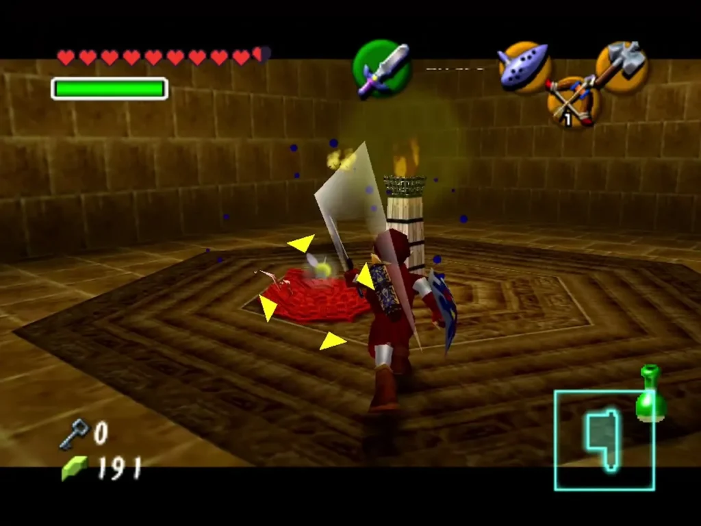 Link slashing the red fire dancer core on the Fire Temple floor with his sword