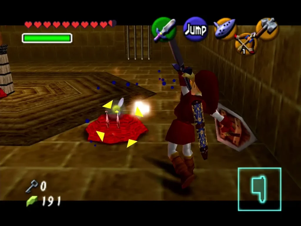 Link raising his sword beside the fiery dancer's glowing red core on the Fire Temple floor
