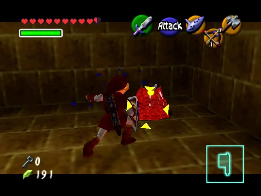Link running in to strike the red fire dancer core in the Fire Temple chamber
