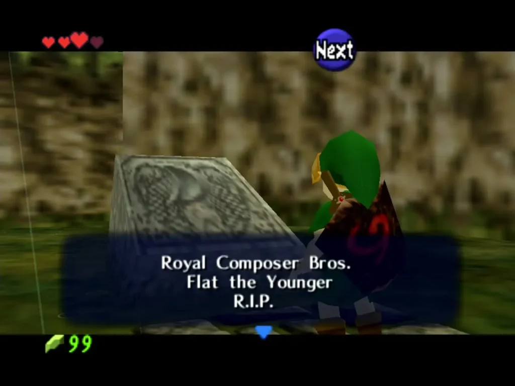 Child Link reading the gravestone of Flat the Younger, the other Royal Composer Brother, in Kakariko Graveyard