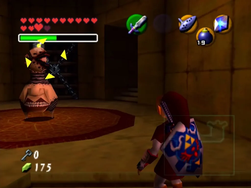 Link raising his shield as a flying jar floats near a spike trap in the Spirit Temple