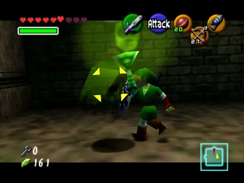 Link striking the green Poe Amy with his sword in the Forest Temple