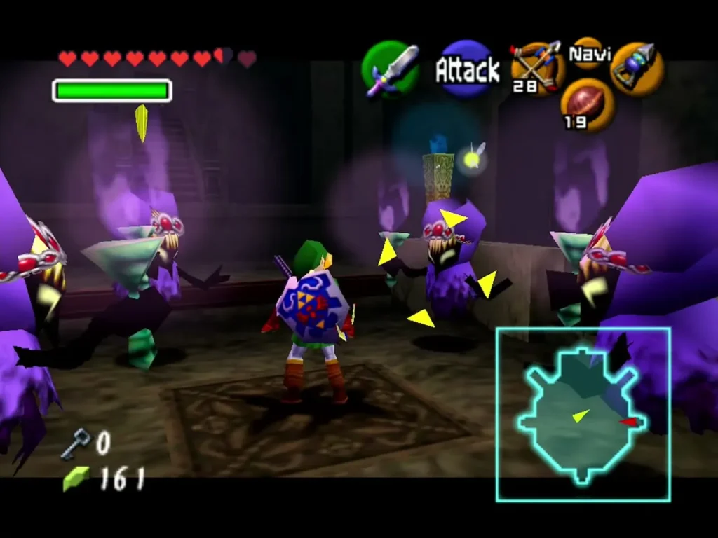 Link fighting several purple-flame Poes in the Forest Temple chamber with the torches lit