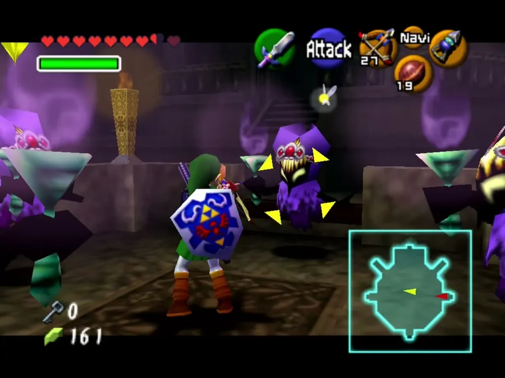 Link facing a purple-flame Poe beside a lit torch in the Forest Temple