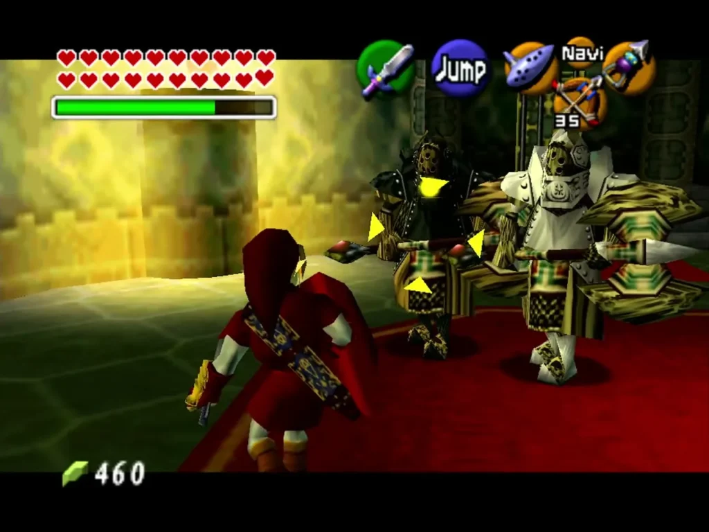 Link facing two golden Iron Knuckles on a red carpet in Ganon's Castle