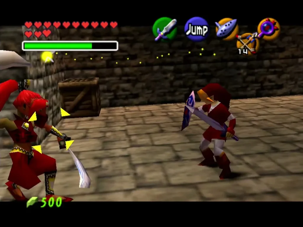 Link and a Gerudo guard fighting in front of a barred cell