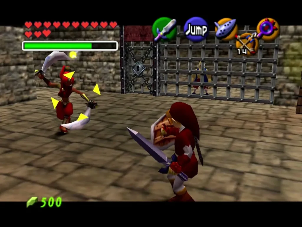 Link fighting a Gerudo guard with twin blades in the Thieves' Hideout