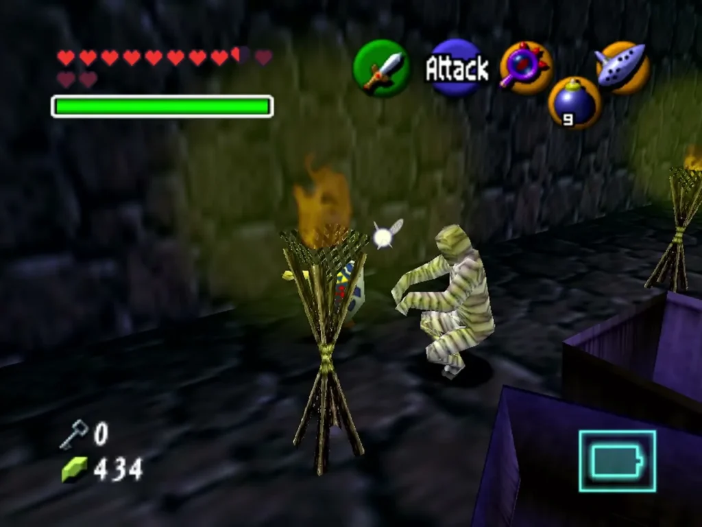 A Gibdo mummy beside a burning torch bundle in a dungeon room