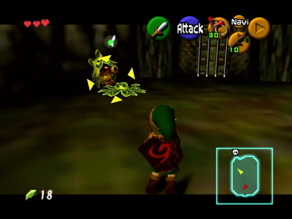 A yellow Gohma Larva hovering in front of Link in the boss room