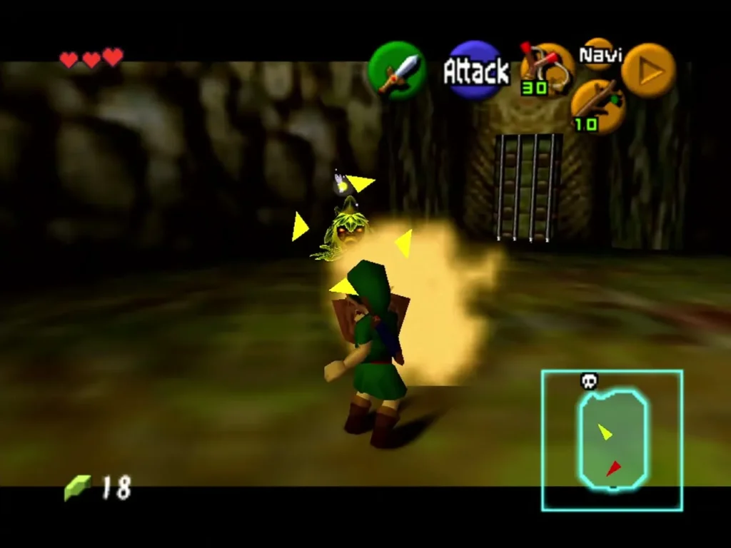 Link hitting a yellow Gohma Larva in the Great Deku Tree boss room