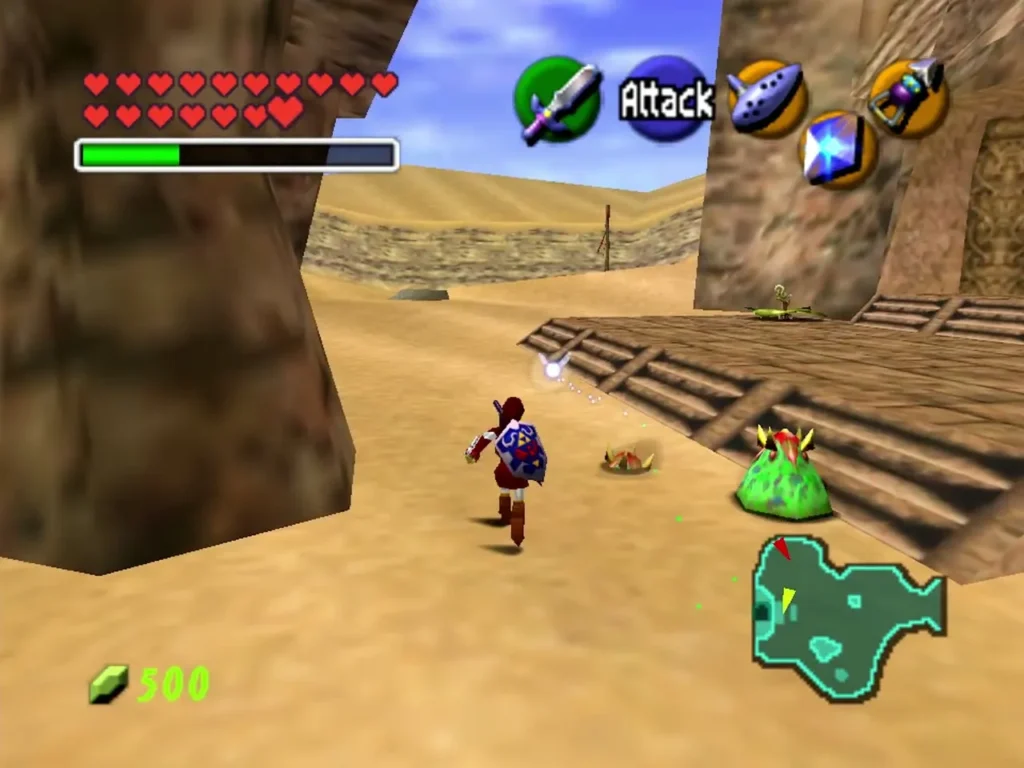 A Leever closing in on adult Link beside a wooden walkway at Desert Colossus