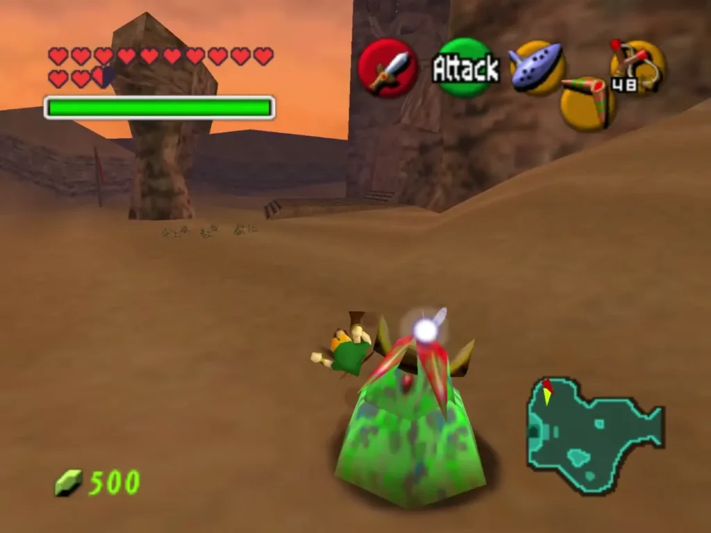 A green Leever rising out of the sand beside child Link at Desert Colossus
