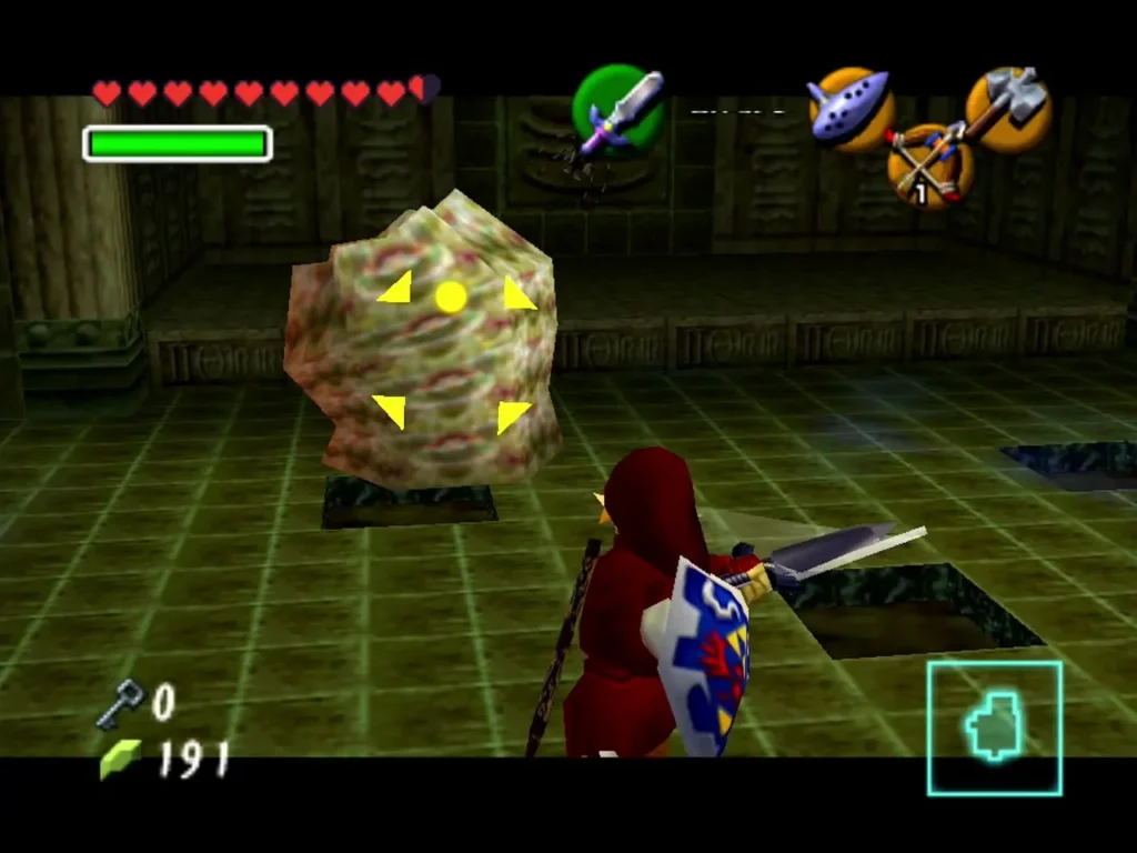 Link facing a Like Like on a grid floor with flying tiles