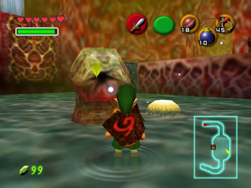 Link standing in a shallow pool beside a Like Like