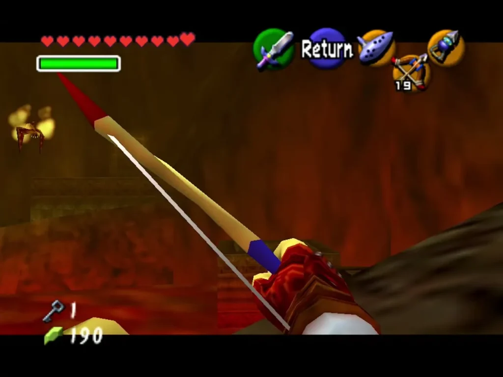 Link aiming the Fairy Bow at a Fire Keese over lava