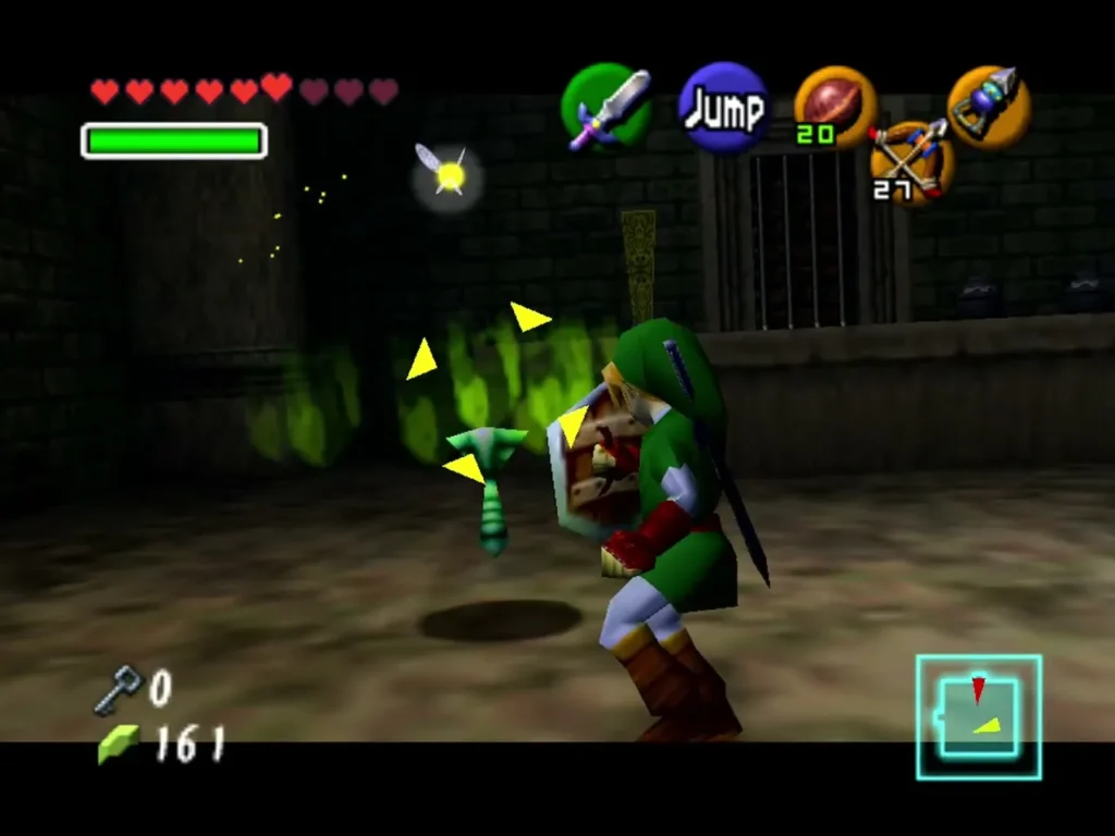 Link attacking a green-flame Poe with its lantern glowing in the Forest Temple