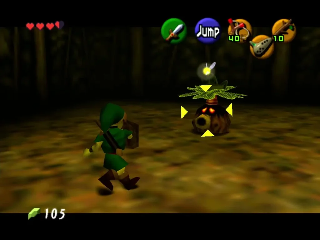 Link facing a Deku Scrub that has popped up from the ground