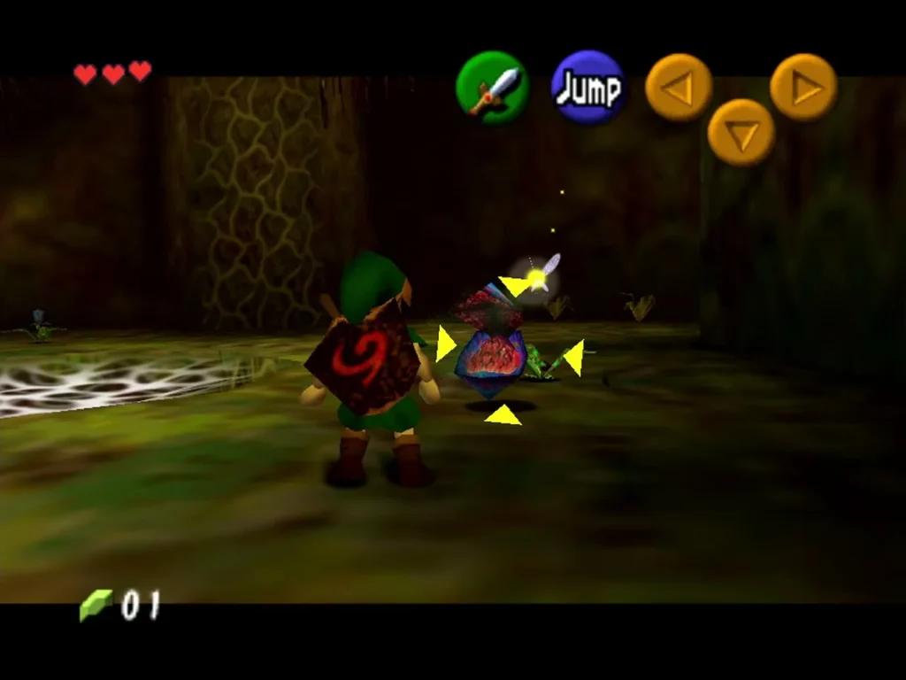 Link locked on to a purple Deku Baba plant in the vine hall