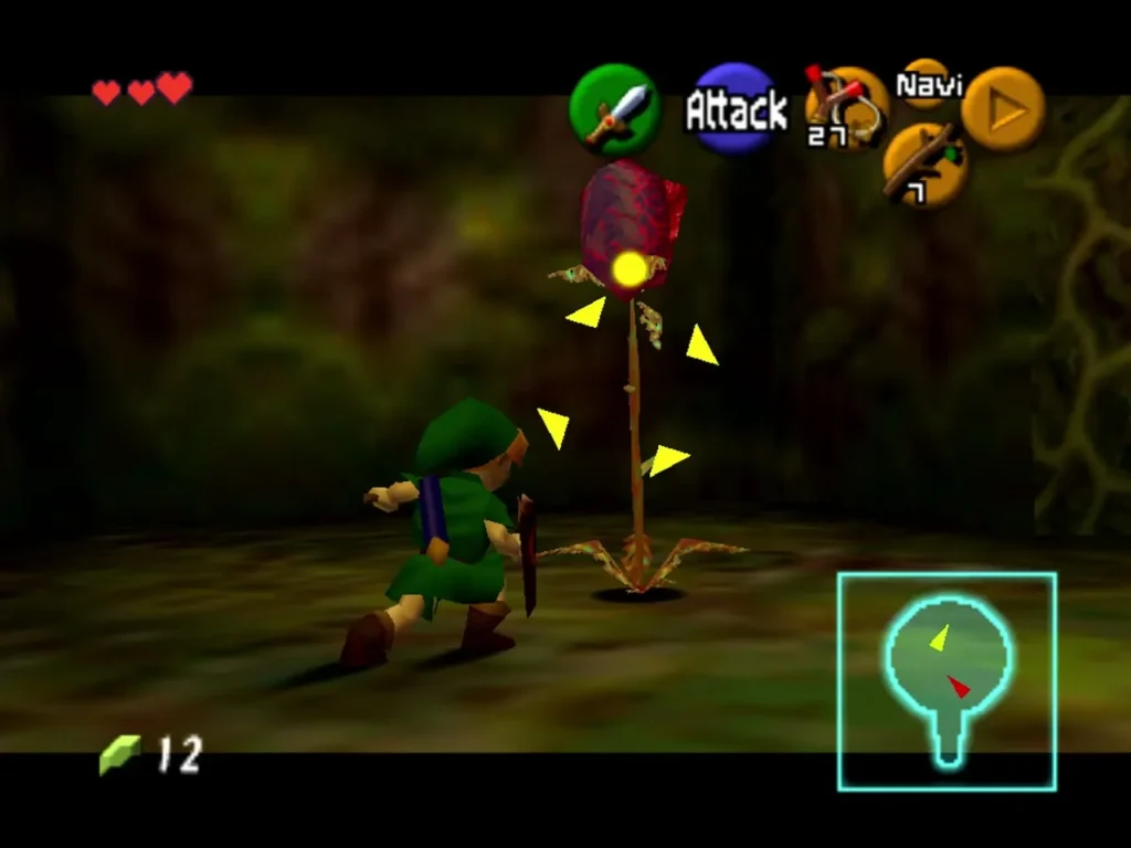 Link striking a tall Deku Baba in the vine corridor