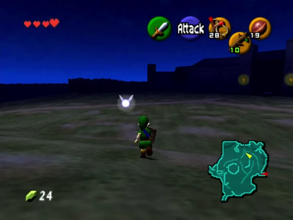 Link swinging his sword at a Stalchild in Hyrule Field at night