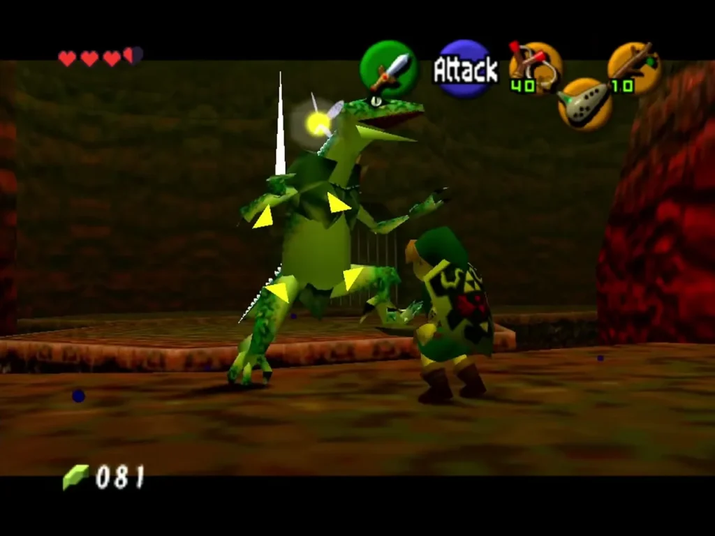 Link with shield up as a Lizalfos leaps toward him beside a lava wall