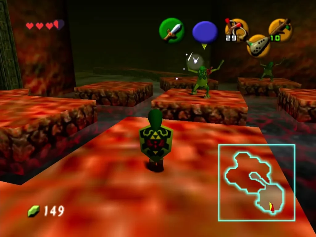 Link with shield on a lava rock platform as Lizalfos wait on the far ledges