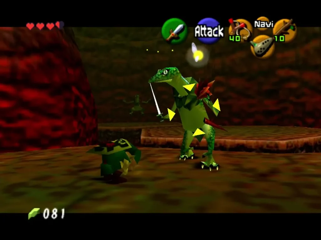 Two Lizalfos with swords drawn circling each other in the lava arena