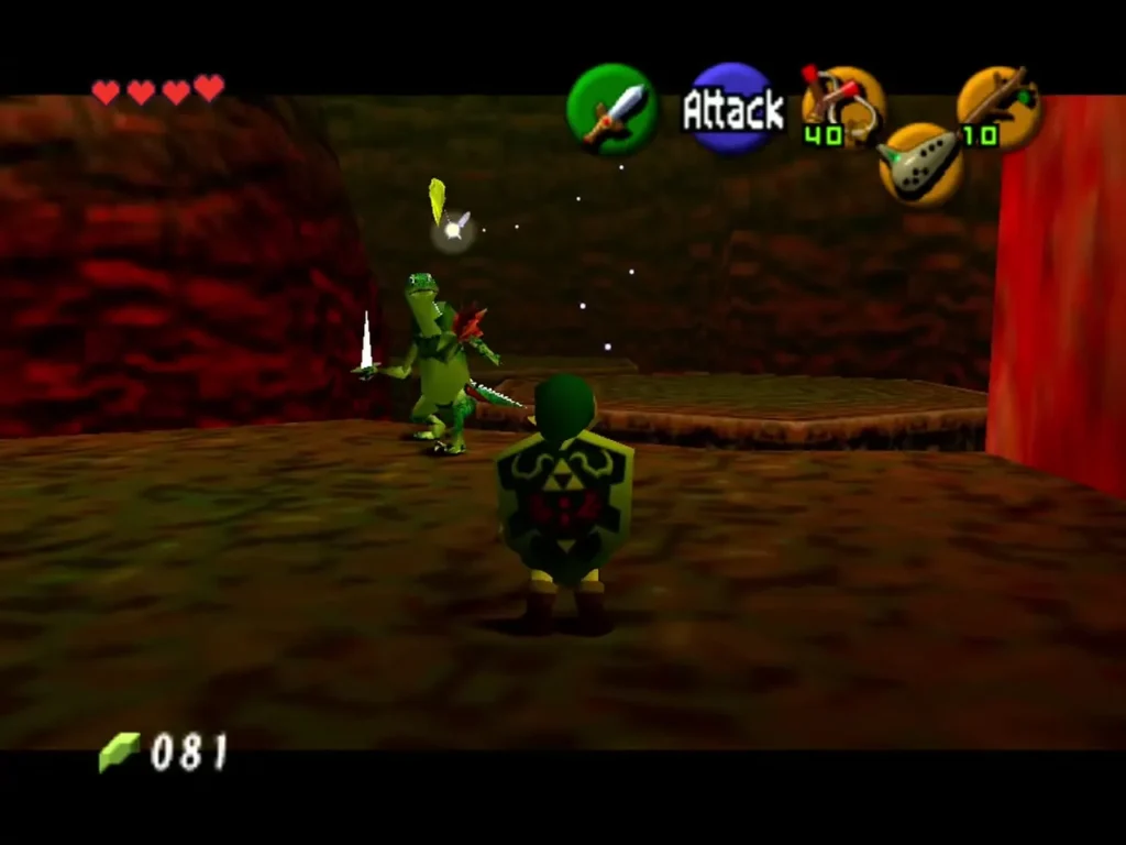 Link with shield up facing a Lizalfos in the lava arena