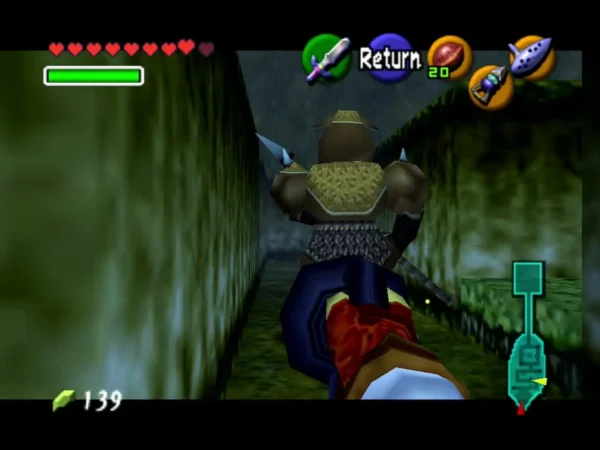 Armored Moblin standing in a hedge maze corridor ahead of Link