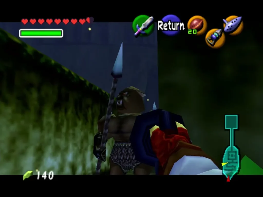 Moblin with a spear beside Link in a hedge maze