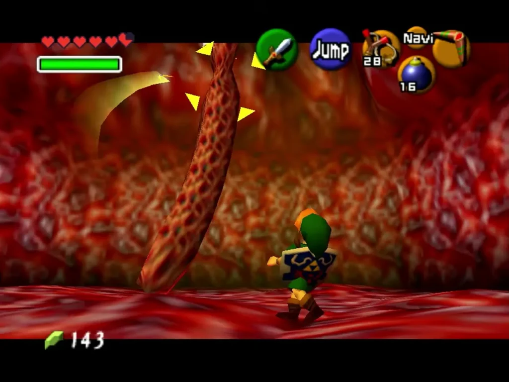 Link slashing a Parasitic Tentacle growing from the Jabu-Jabu's Belly floor