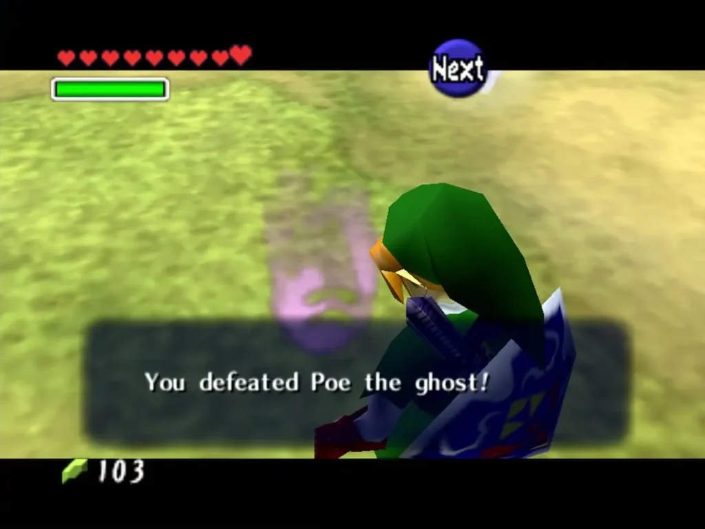 Link after defeating a Poe in Hyrule Field, with the You defeated Poe the ghost message