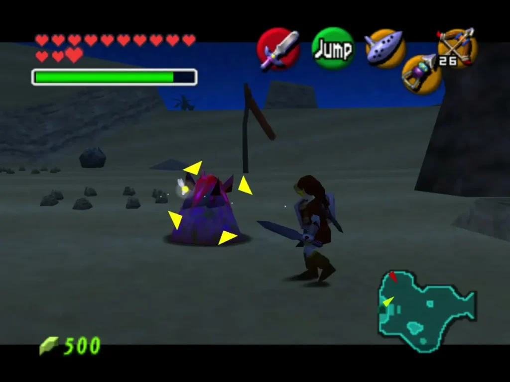 Link with sword drawn facing a large purple Leever in the desert at night