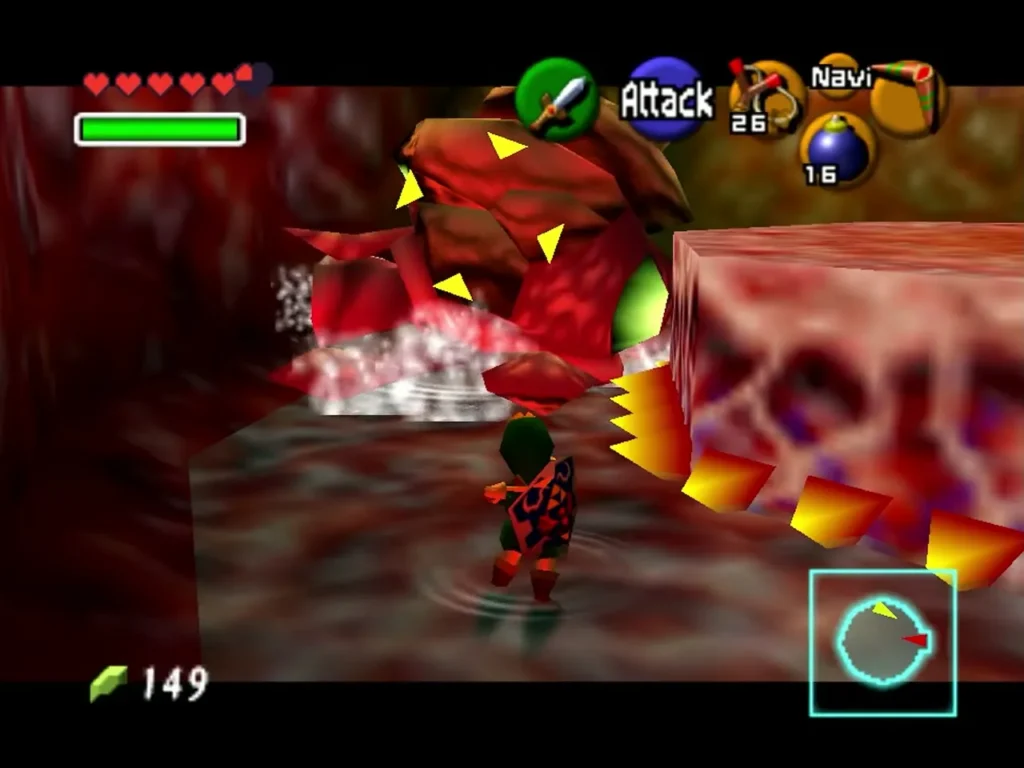 Red-brown Octorok-like enemy with yellow lock-on markers beside the spiked platform