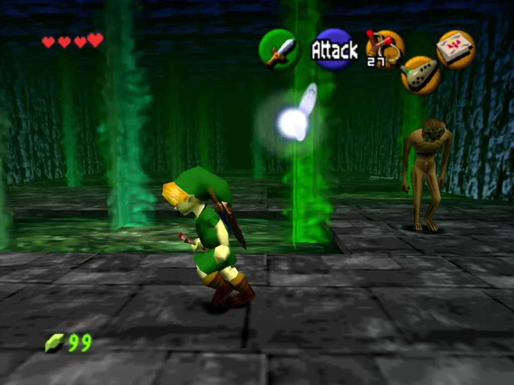 A ReDead standing near Link in a green-lit chamber