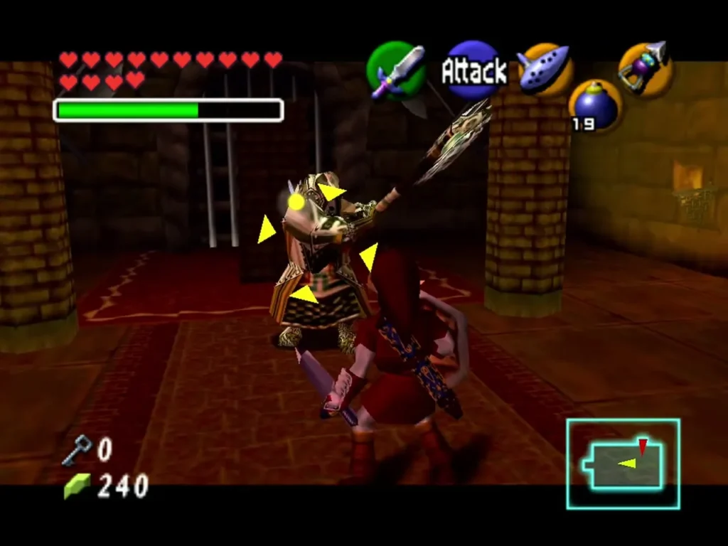 Link attacking an armoured Iron Knuckle with an axe in a red-lit room