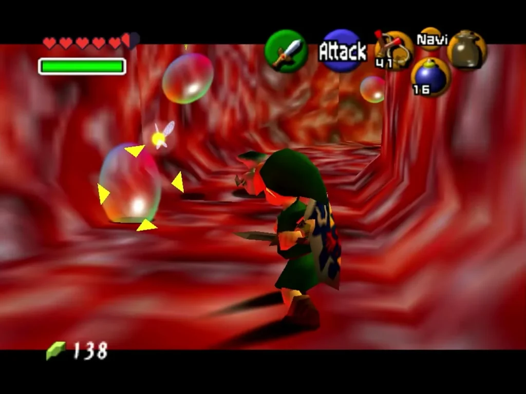 Shabom bubble drifting in front of Link in a red corridor