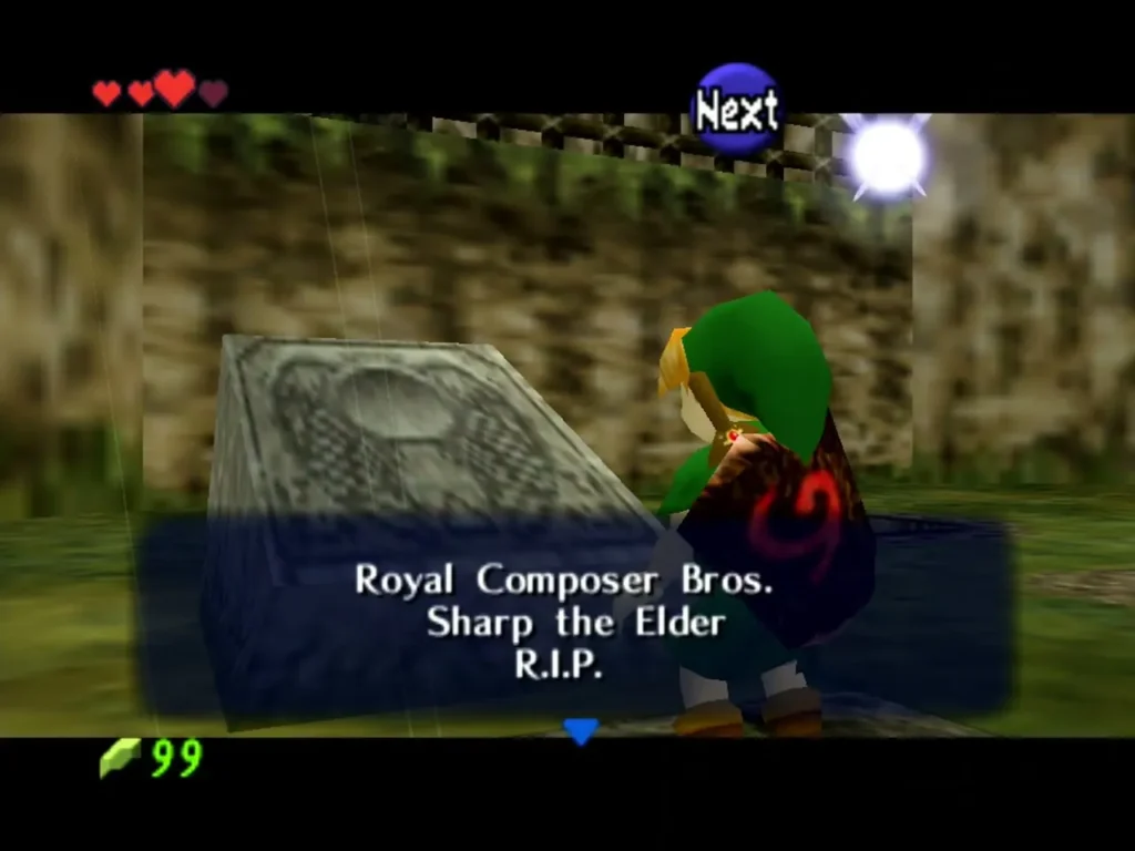Child Link reading the gravestone of Sharp the Elder, one of the Royal Composer Brothers, in Kakariko Graveyard