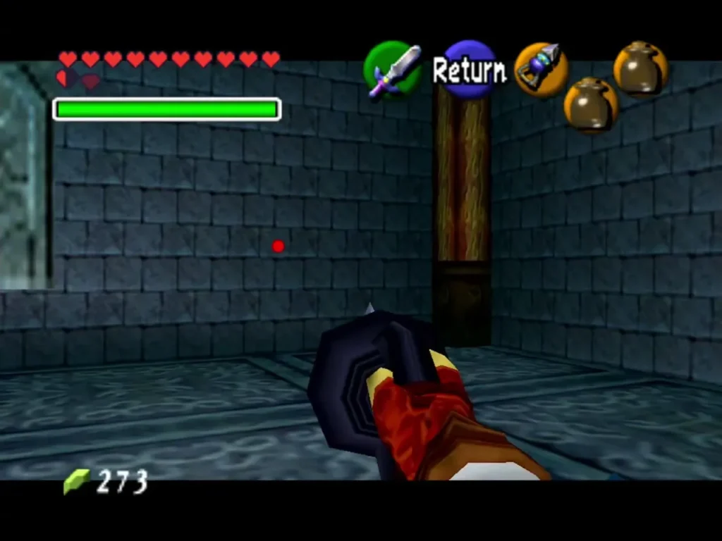 First-person Hookshot aimed across a Water Temple room as Spike enemies roll toward Link