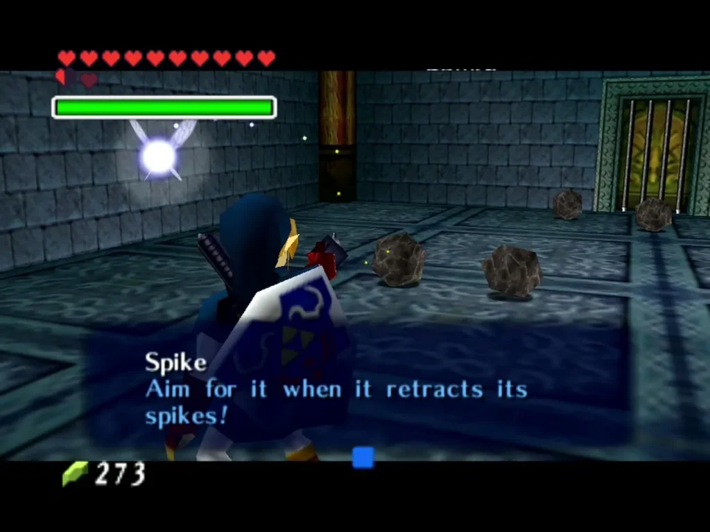 Spike enemy dialog box reading: aim for it when it retracts its spikes