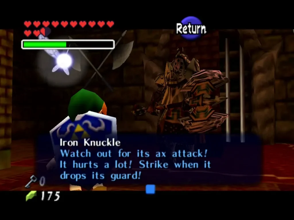 Link facing the first Iron Knuckle in a red-lit room, with its warning text box fully shown