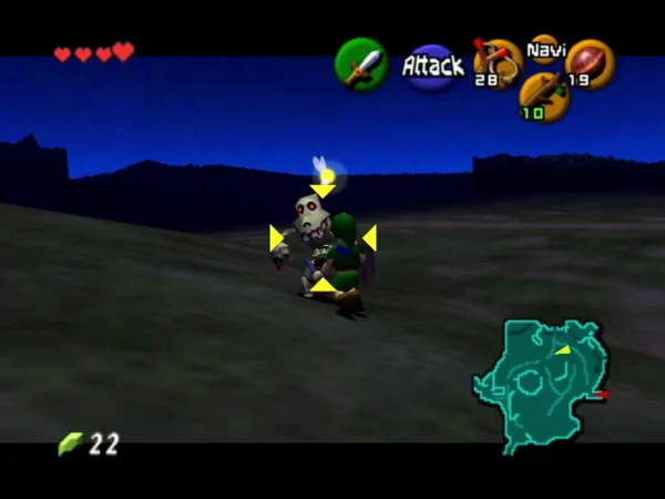 Link locking onto a Stalchild in Hyrule Field at night