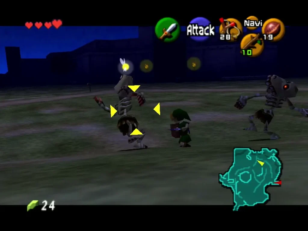 Two Stalchilds closing in on Link across Hyrule Field at night