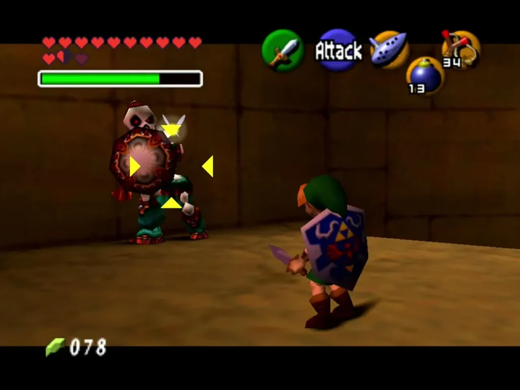 Stalfos holding its shield up while Link readies his sword in the Spirit Temple