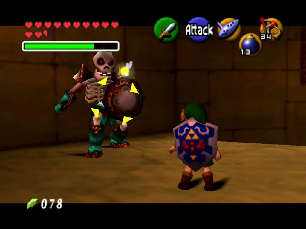 Stalfos raising its round shield at Link in the Spirit Temple