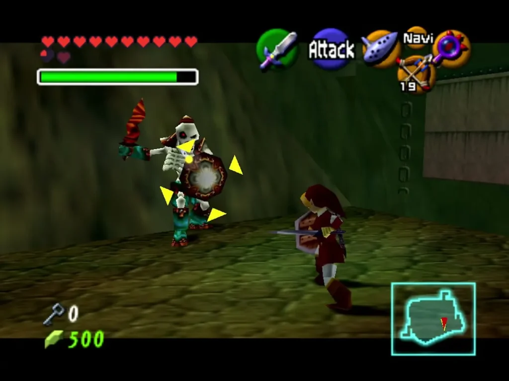 Stalfos with shield and sword facing Link in the Shadow Temple